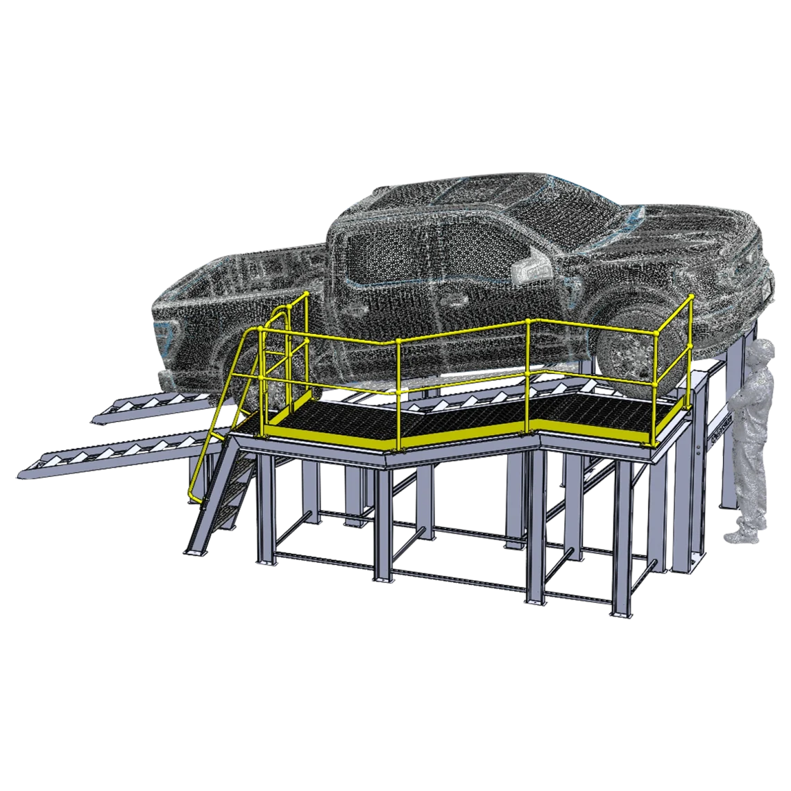 Wash down ramp for industrial vehicles with non-slip surface design