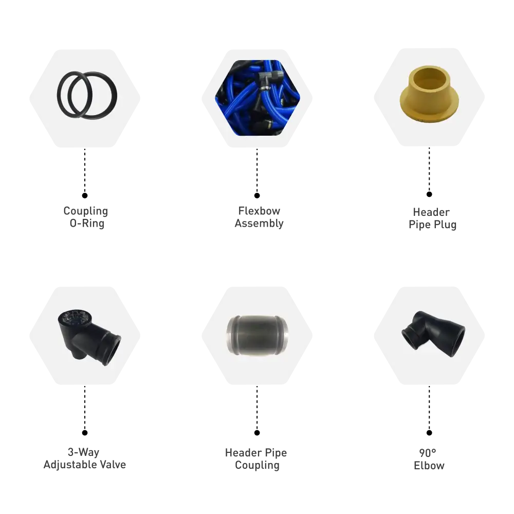 Wellpoint dewatering header pipe fittings including couplings, O rings, pipe plugs, 90 degree elbows and 3 way adjustable valves