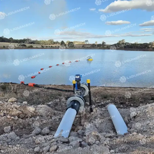 iquimech Round Donut Pontoon floating submersible pump operating in a mining dewatering application with stable and reliable pump support.